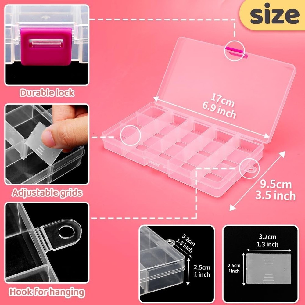 Clear Plastic Bead Box with Secure Lock and Customizable Grids - 15 Compartment