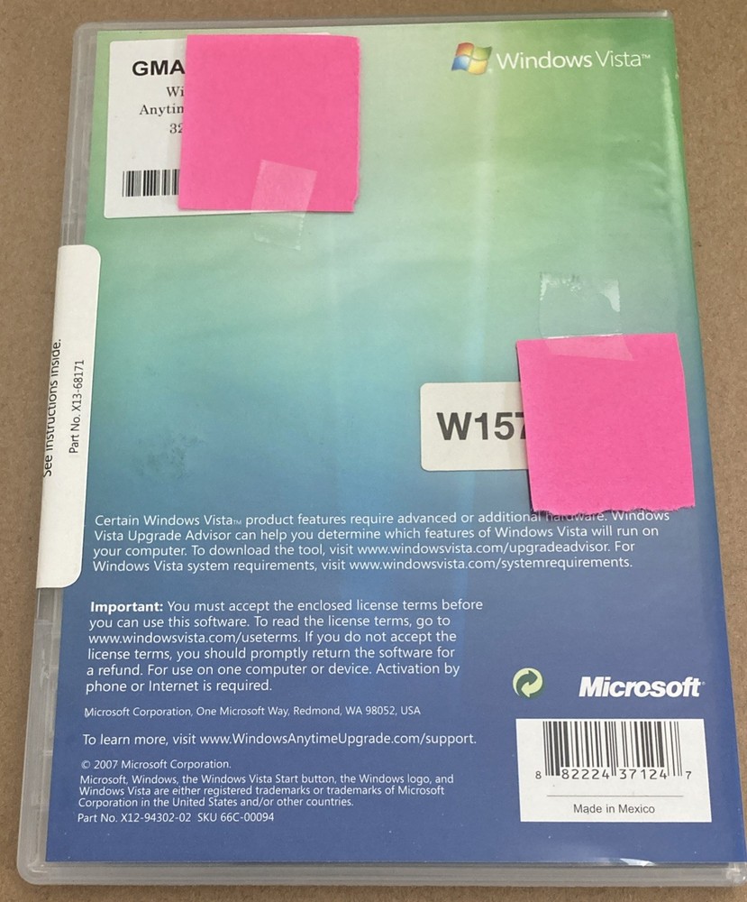 MICROSOFT WINDOWS VISTA EXPERIENCE ANYTIME UPGRADE DISC 32 BIT SOFTWARE NEW