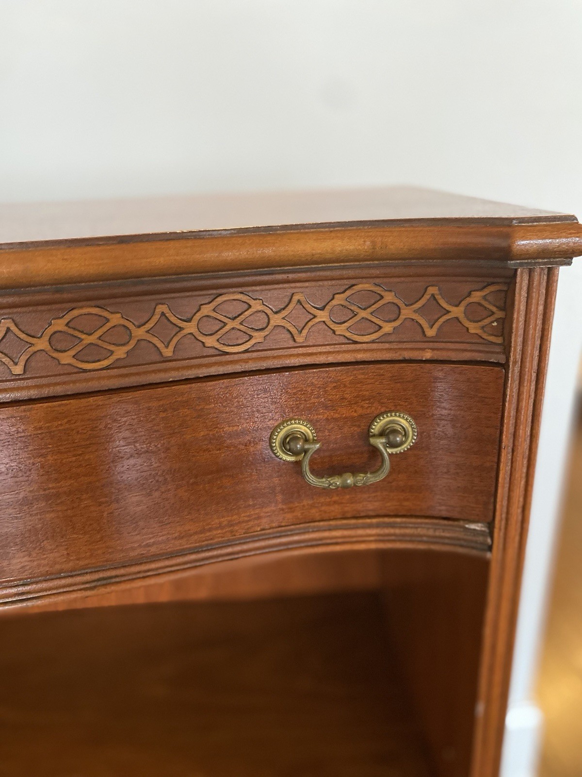 Wabash Antique Wooden Bookcase 3 Shelves Carved Details Brass Handles