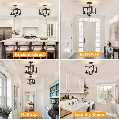 4-Light Semi Flush Ceiling Light, Modern Industrial Light 4 Light Black