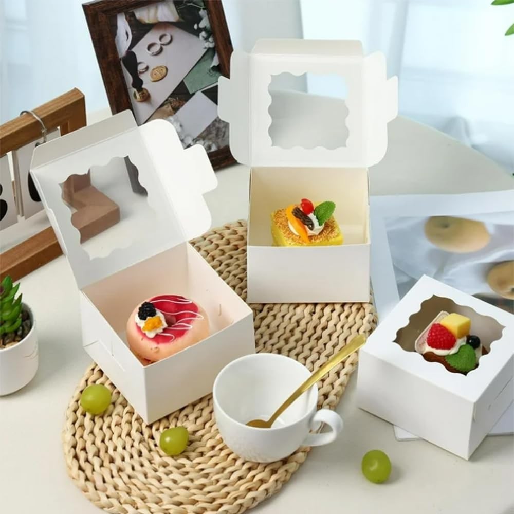 4x4x2.5 Cookie Boxes with Window, White Bakery Boxes Clear Window, 4" Mini Tr...