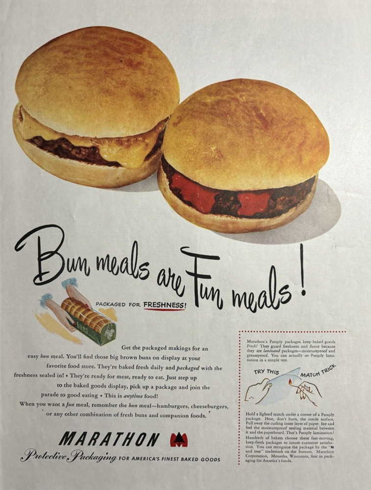 1948 Marathon Protective Packaging Finest Baked Goods Buns Hamburger VTG Ad