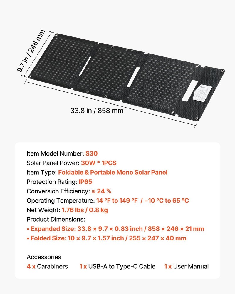 Portable 30W Solar Panel — 24% Efficient, IP65 Rated, 1.76 lb