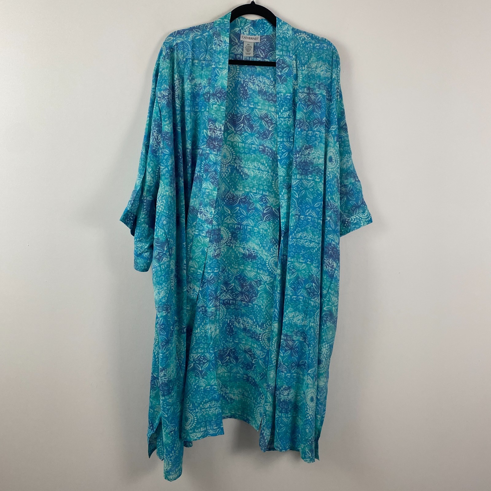 Catherines Open Front Kimono Cardigan Size 5X Blue Turquoise 3/4 Sleeves