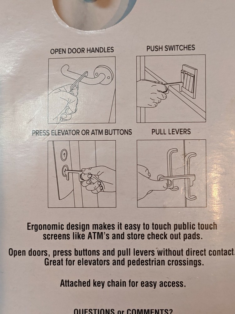 2 Pack HANDS FREE TOOL Safe No Touch Keys Chain, Stop Germs NEW