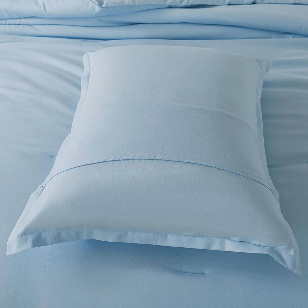 Queen Light Blue Comforter Set, Solid Lightweight Skin-Friendly Boho Bedding Set