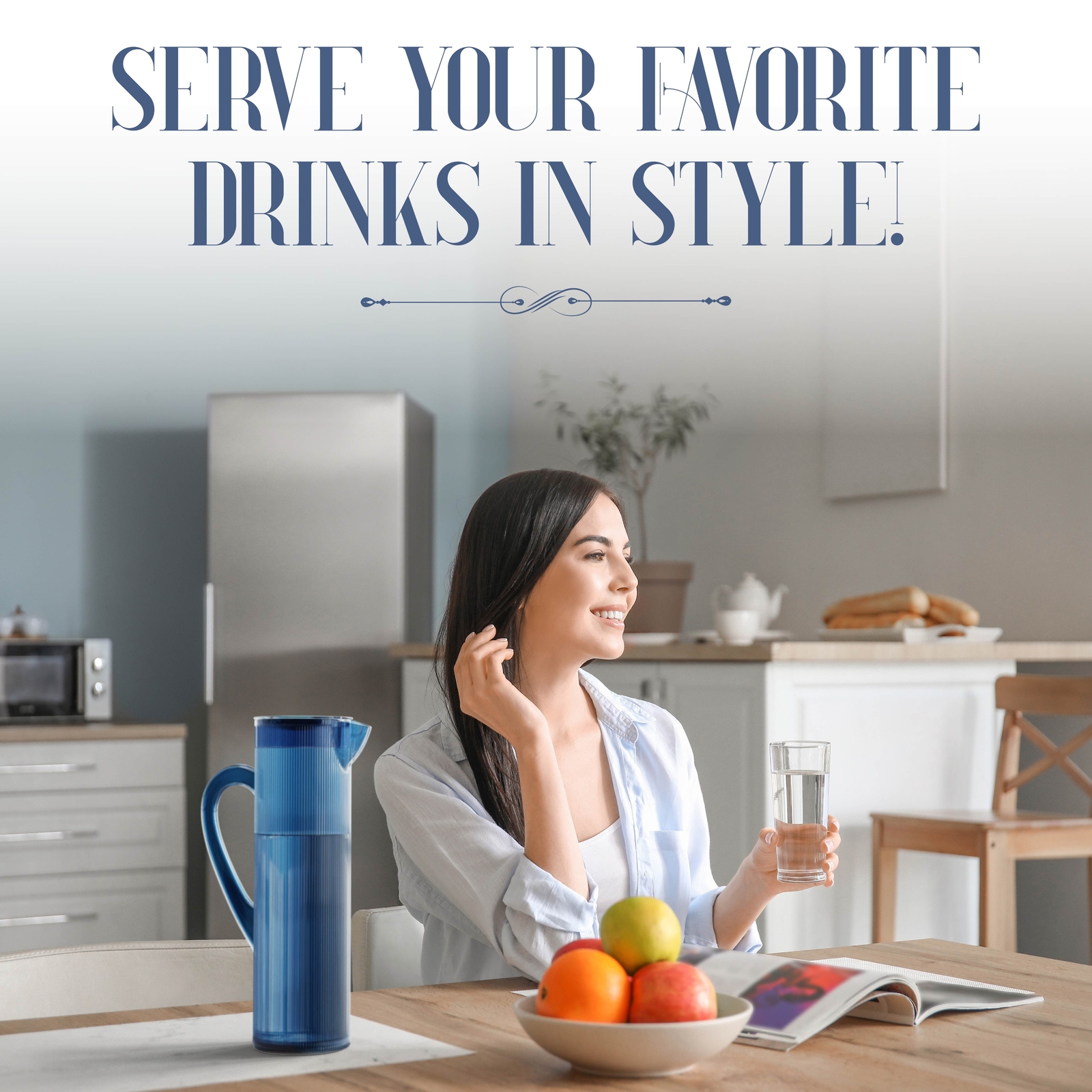 Elle Decor Acrylic Water Pitcher with Lid - Indigo Blue