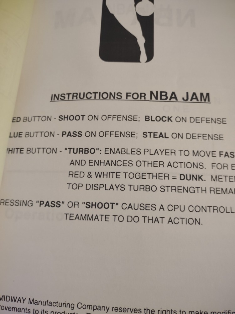 1993 NBA JAM Kit Basketball Arcade Machine Operation Manuals Problem Diagnostics