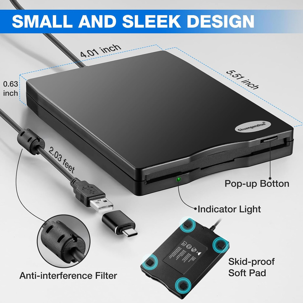 Floppy Disk Reader, 3.5 Inch 1.44Mb External USB Type A/C Floppy Disk Drive for