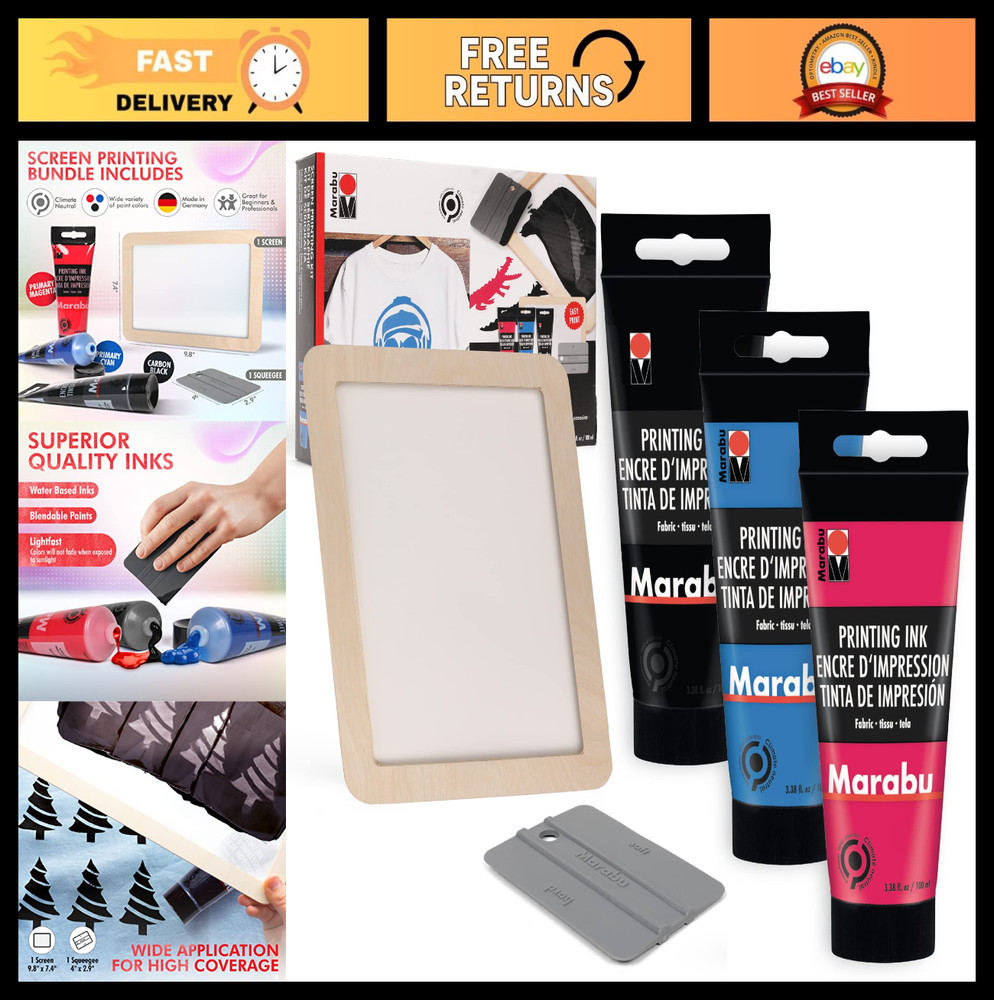 Screen Printing Kit with Reusable Frame, Squeegee & 3 Inks - Beginner's Silk Scr