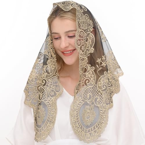 Triangular Mantilla Lace Head Covering Mass Catholic Church Veils Gold&black