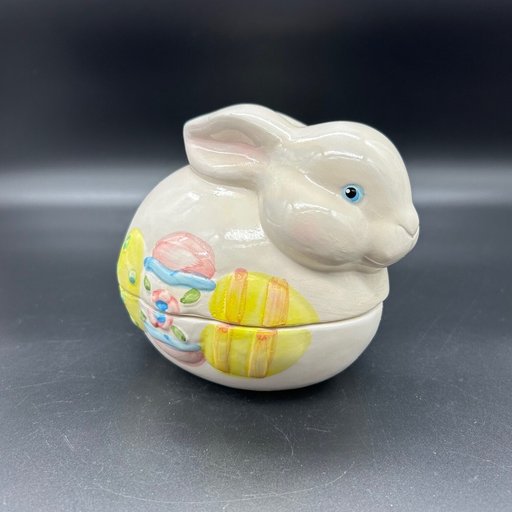 Vtg Earthenware Easter Bunny with Eggs 2 piece Candy Dish NEW in Box