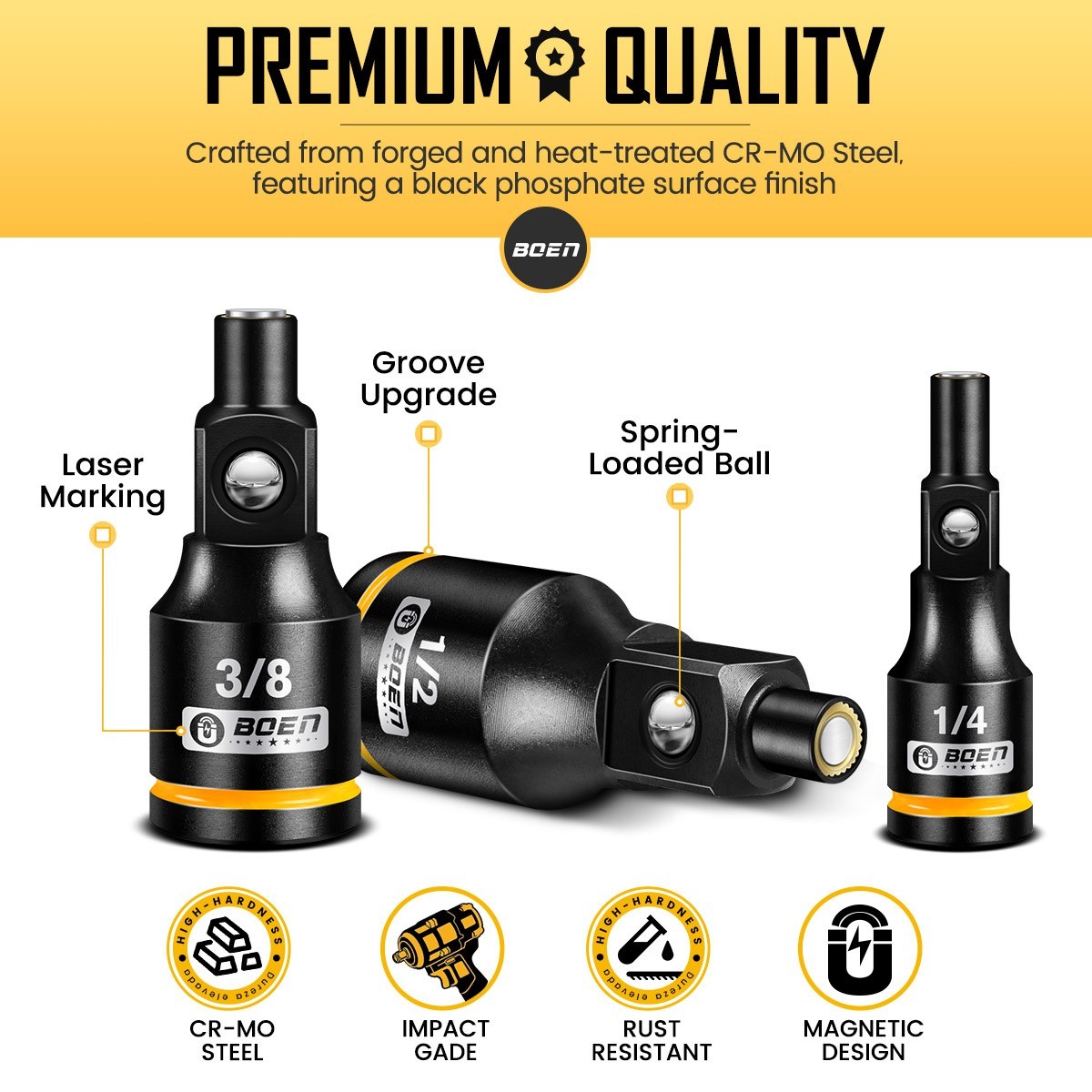 3-Piece Magnetic Socket Extension Adapter Set, 1/4", 3/8", 1/2" Drive