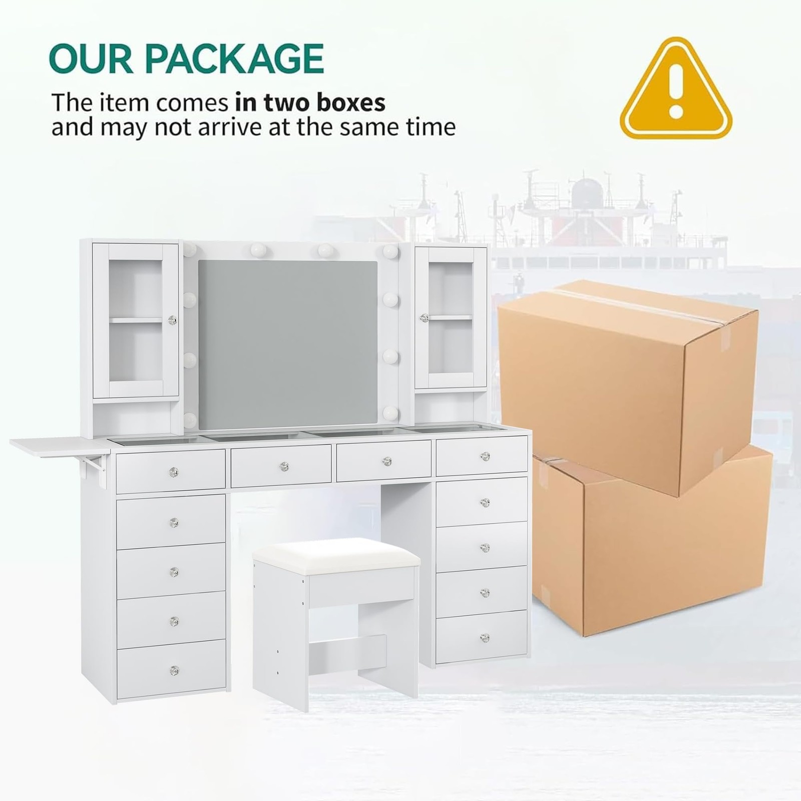 Vanity with Mirror w 10 LED Lights, Makeup Vanity w 12 Drawers，White Vanity desk