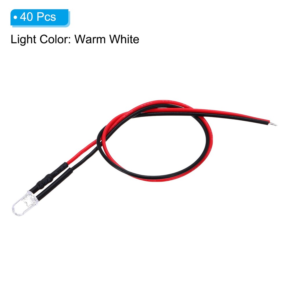 5mm LED Diode Light, 40 Pcs 9-12V DC, Warm White Light