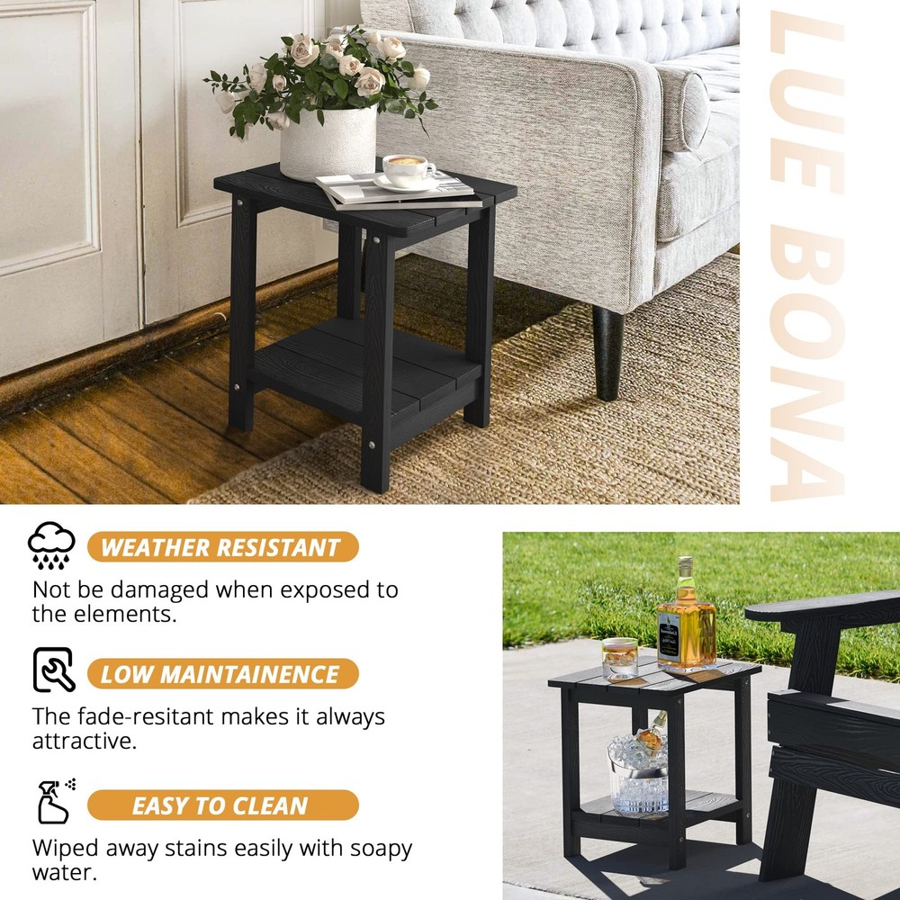 LUE BONA Adirondack Outdoor Side Table, 2-Tier Black HDPS Rectangular,