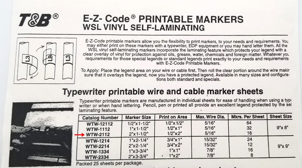 Thomas & Betts WTW-2112, 25 Pack Typewriter Printable Wire & Cable Marker Sheets