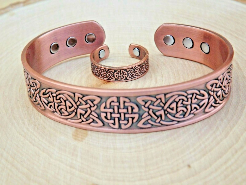 Solid Copper Magnetic Bracelet & Ring Set Arthritis Men Cuff Ring Celtic