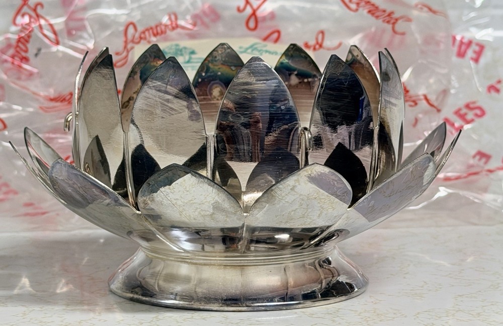 Leonard Lotus Bowl Centerpiece 3 Piece Set Made In Italy Silver Flower Frog