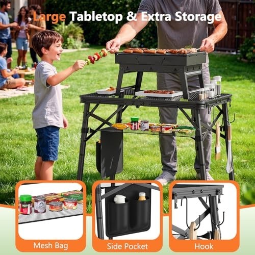 Portable Folding Grill Table - Adjustable Height Camping Table with Mesh Bag, 24
