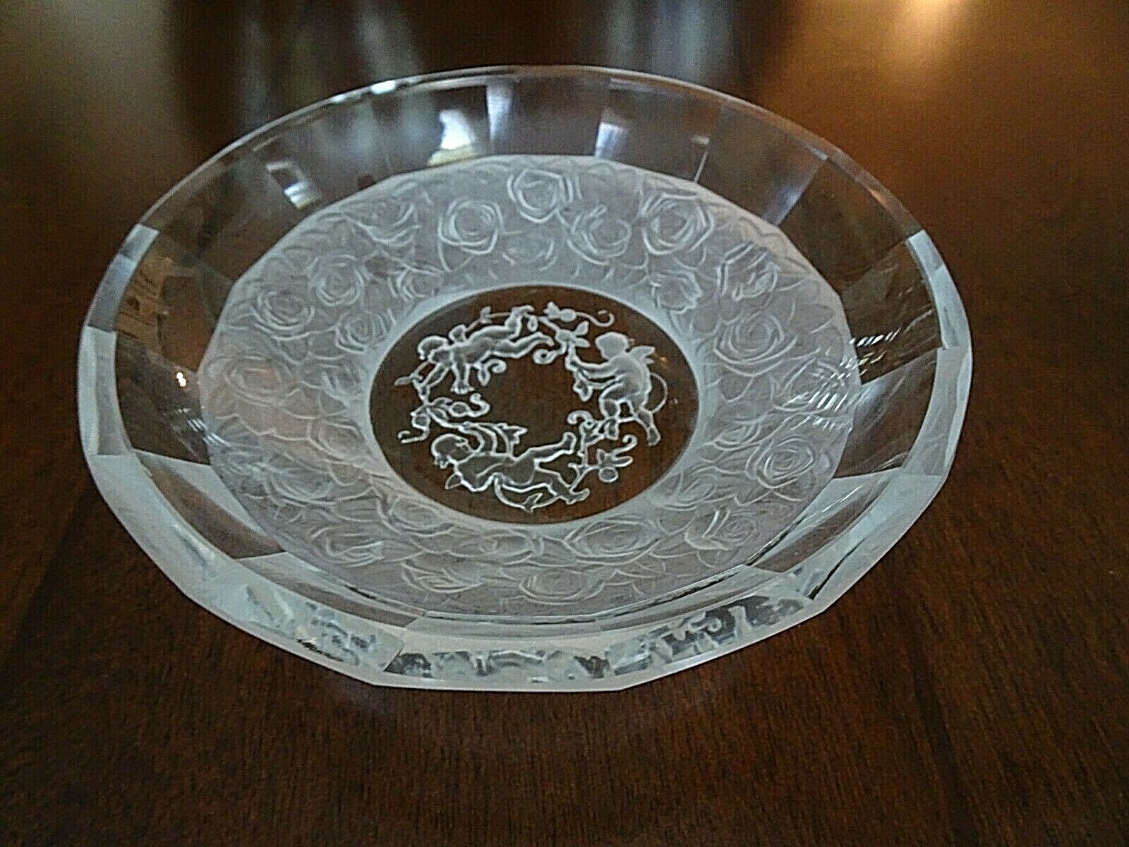 1930's Hoffman Bohemian Art Glass Crystal Frosted CHERUB & Roses Trinket Dish