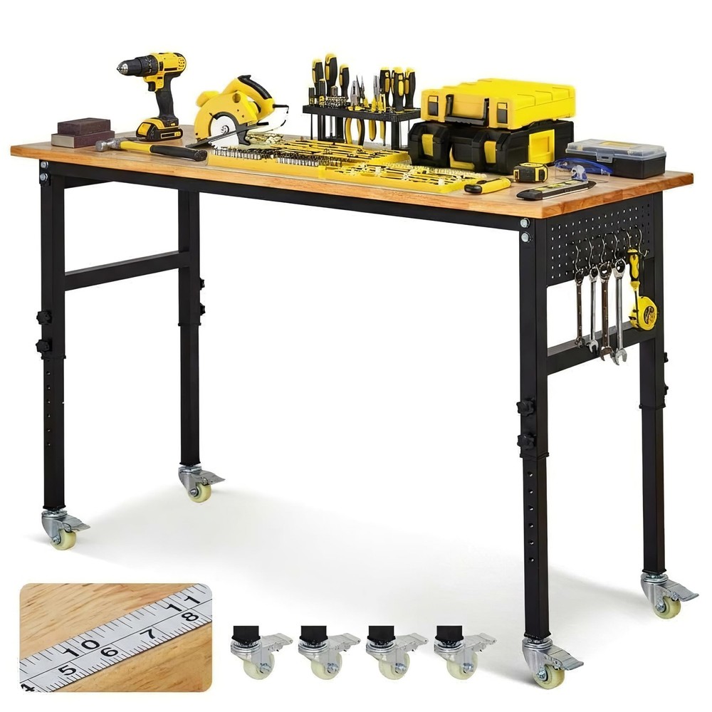 48" Adjustable Workbench w/ Wheels & Pegboard, Work Table for Garage, Workshop