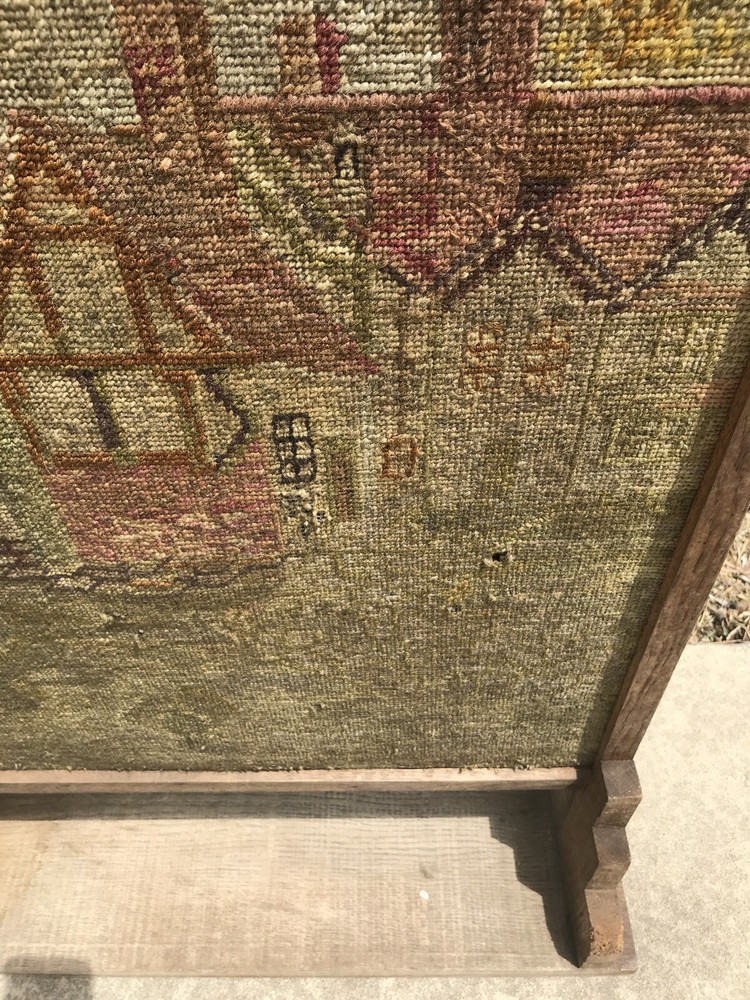Antique Upright Fire Screen Needlepoint-Tapestry Panel Stand Primitive Tramp Art