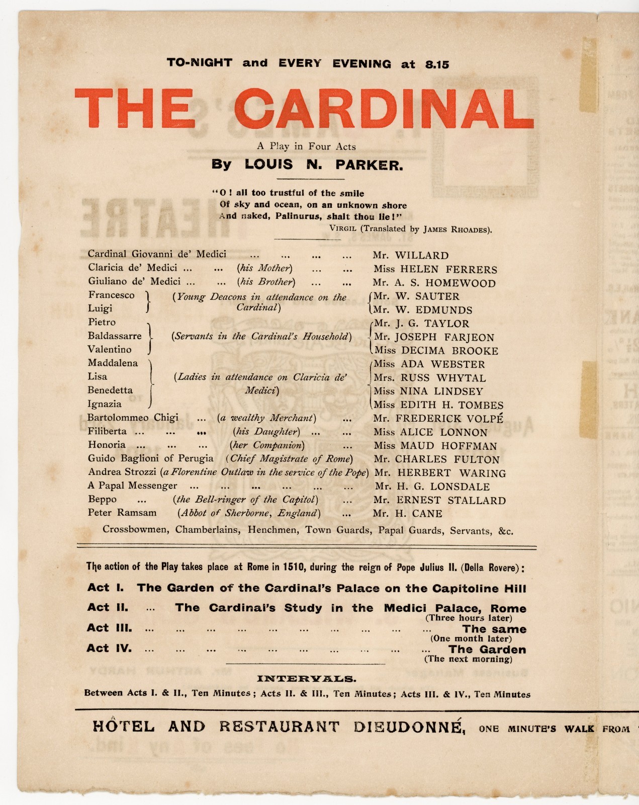 1903 St James’s Theatre “Tom Pinch” Dickens Playbill – E.S. Willard Season