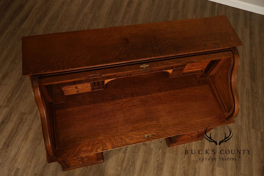 Oak Roll Top Desk With Carved 'Reading Hardware Co." Crest Panel