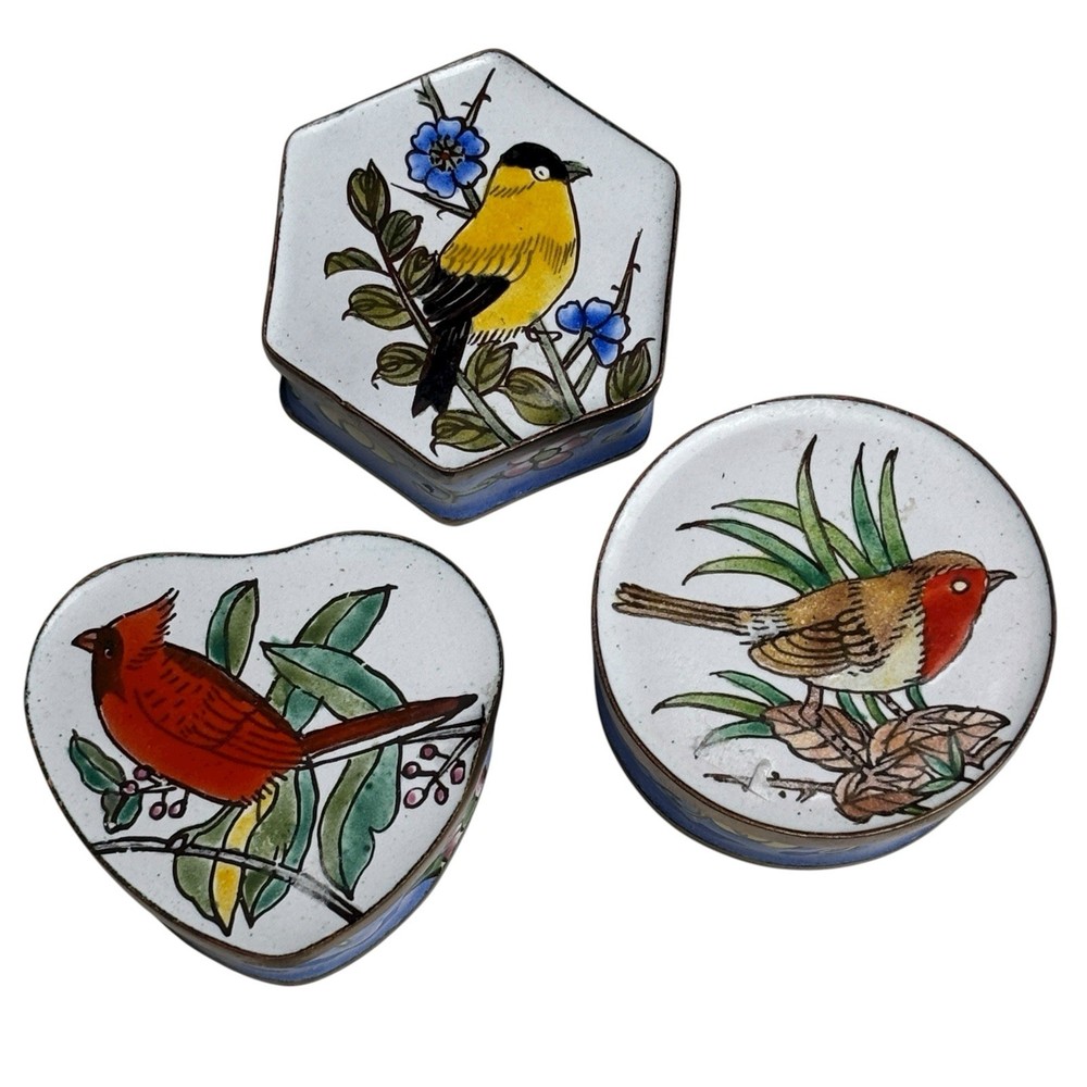3 Handcrafted Bird Copper & Enamel Trinket Boxes Cardinal