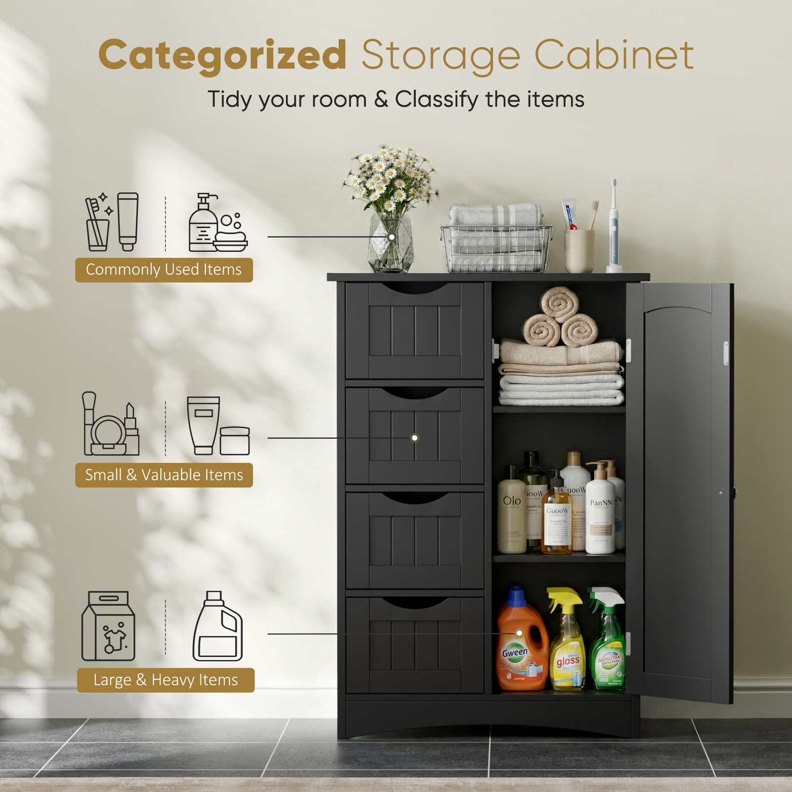 Bathroom Floor Storage Cabinet w/4 Drawers Adjustable Shelves Freestanding Black