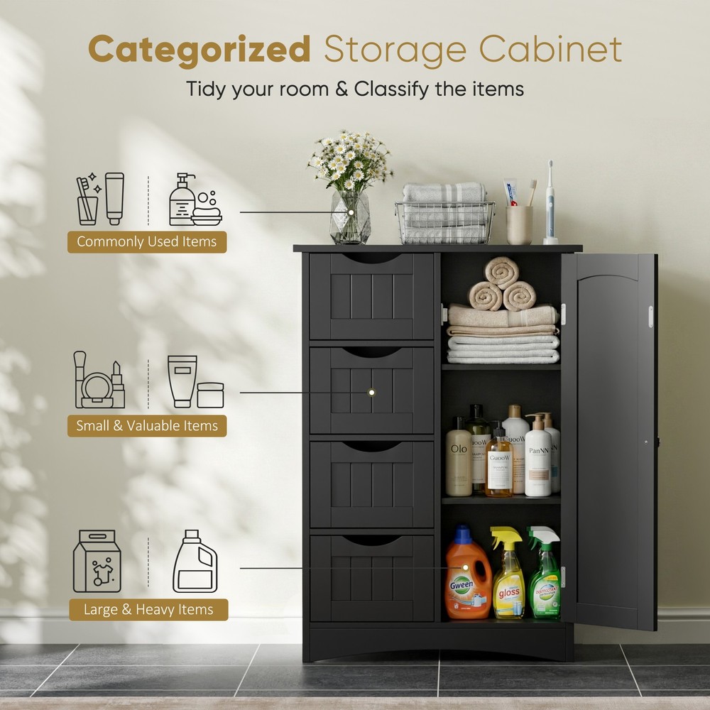 Bathroom Storage Cabinet Freestanding Floor Storage Cupboard Adjustable Black