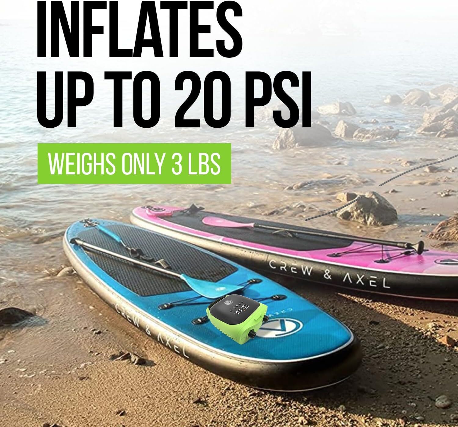 Crew & Axel 20PSI High Pressure Paddle Board Pump. Electric 12V DC Car Connector