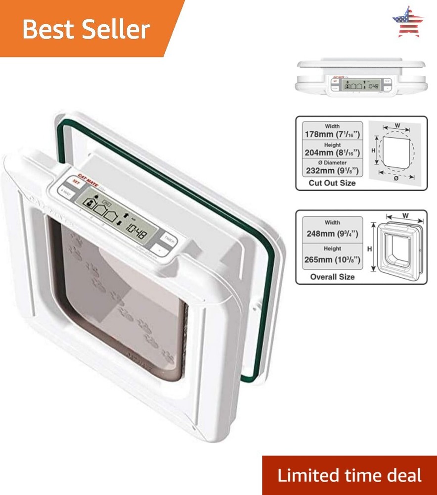 Electronic Cat Door with Timer Control - LCD Display - 4-Way Locking - White