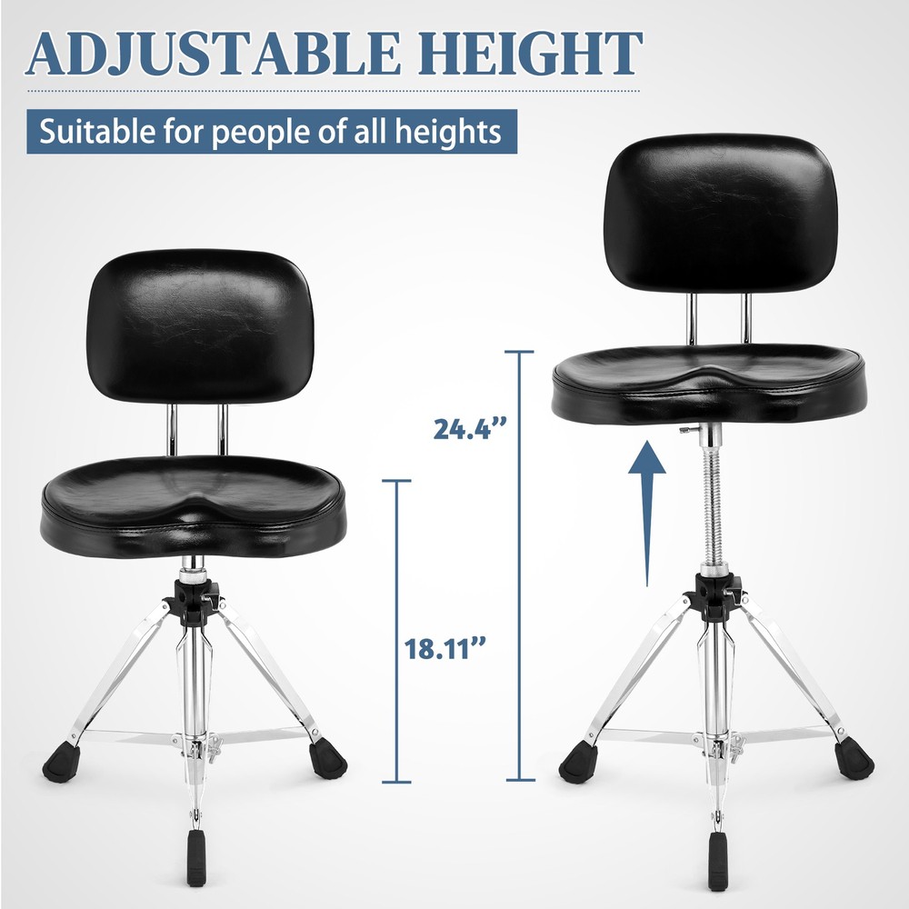 Drum Throne with Backrest, Height Adjustable Padded Seat Drum Stool & Drumstick