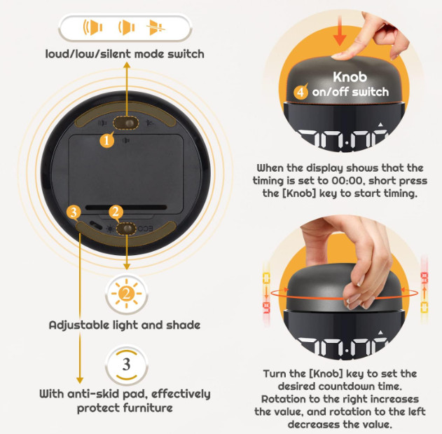 PINGKO Digital Kitchen Timer Visual Countdown Alarm Loud Sound Large LED Display