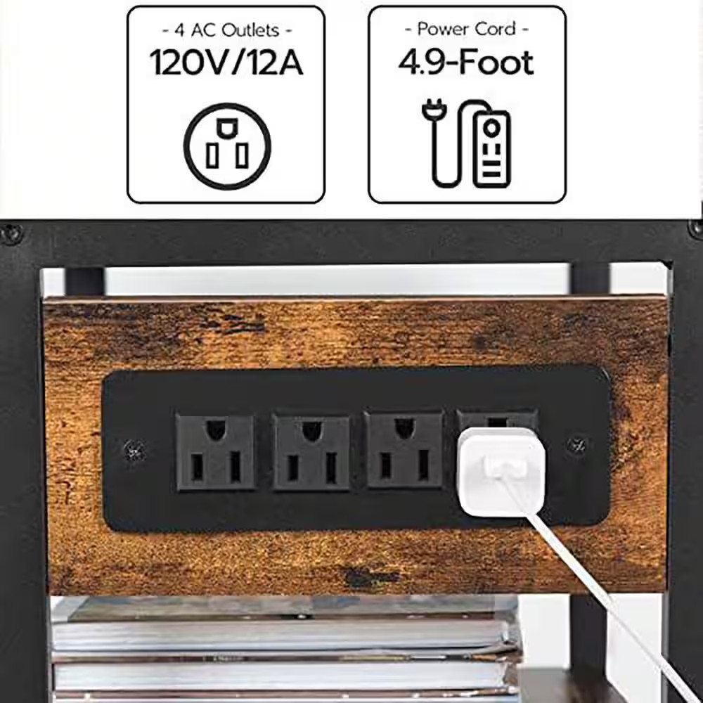 3-Tier Rolling Printer Stand with Charging Station and Adjustable Shelf, Rustic
