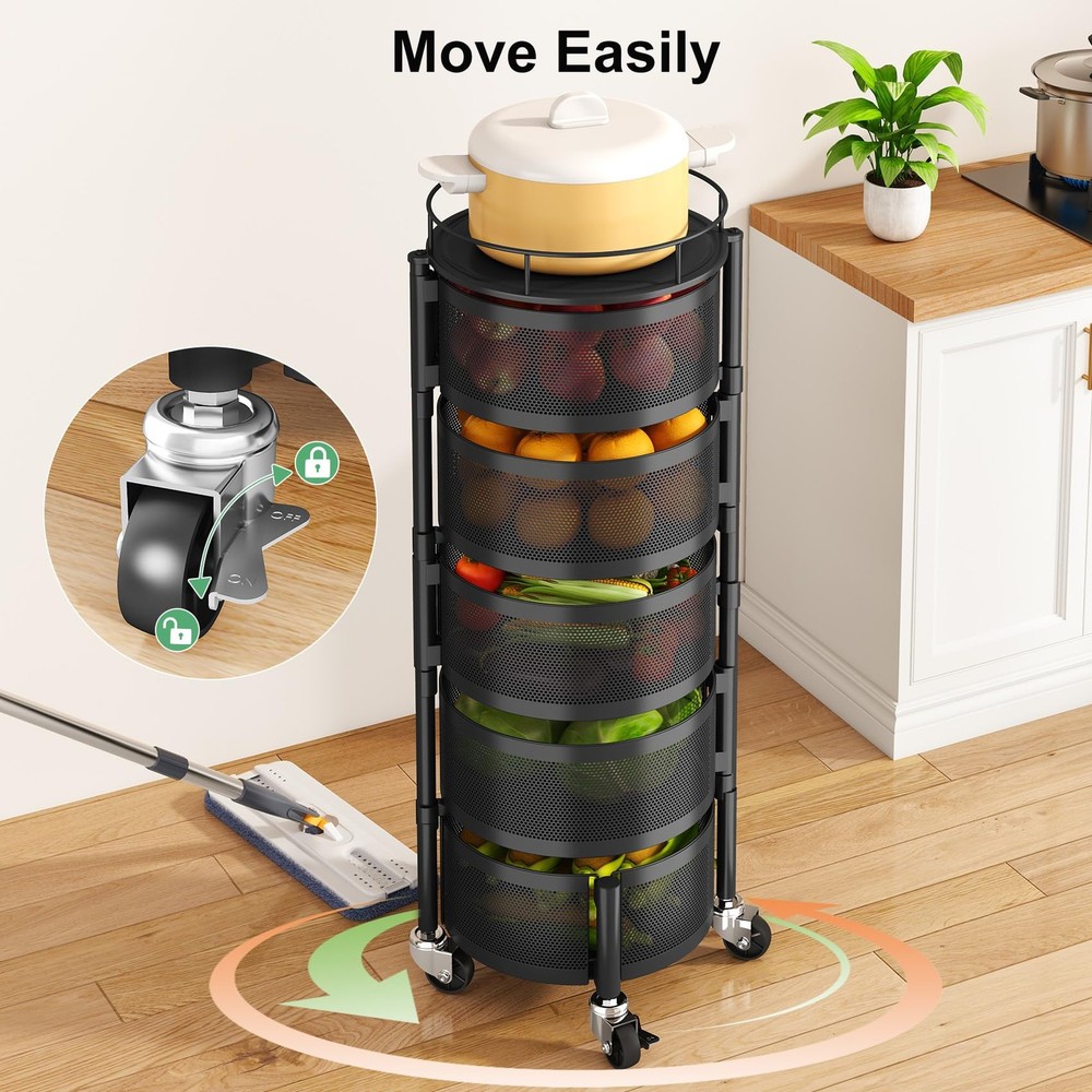 5 Tier Rolling Kitchen Storage Cart Rotating Rack w/Top Lid Black