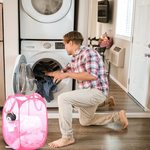 Collapsible Pop Up Laundry Hamper, Extra Large Mesh Foldable 2P Black+Pink