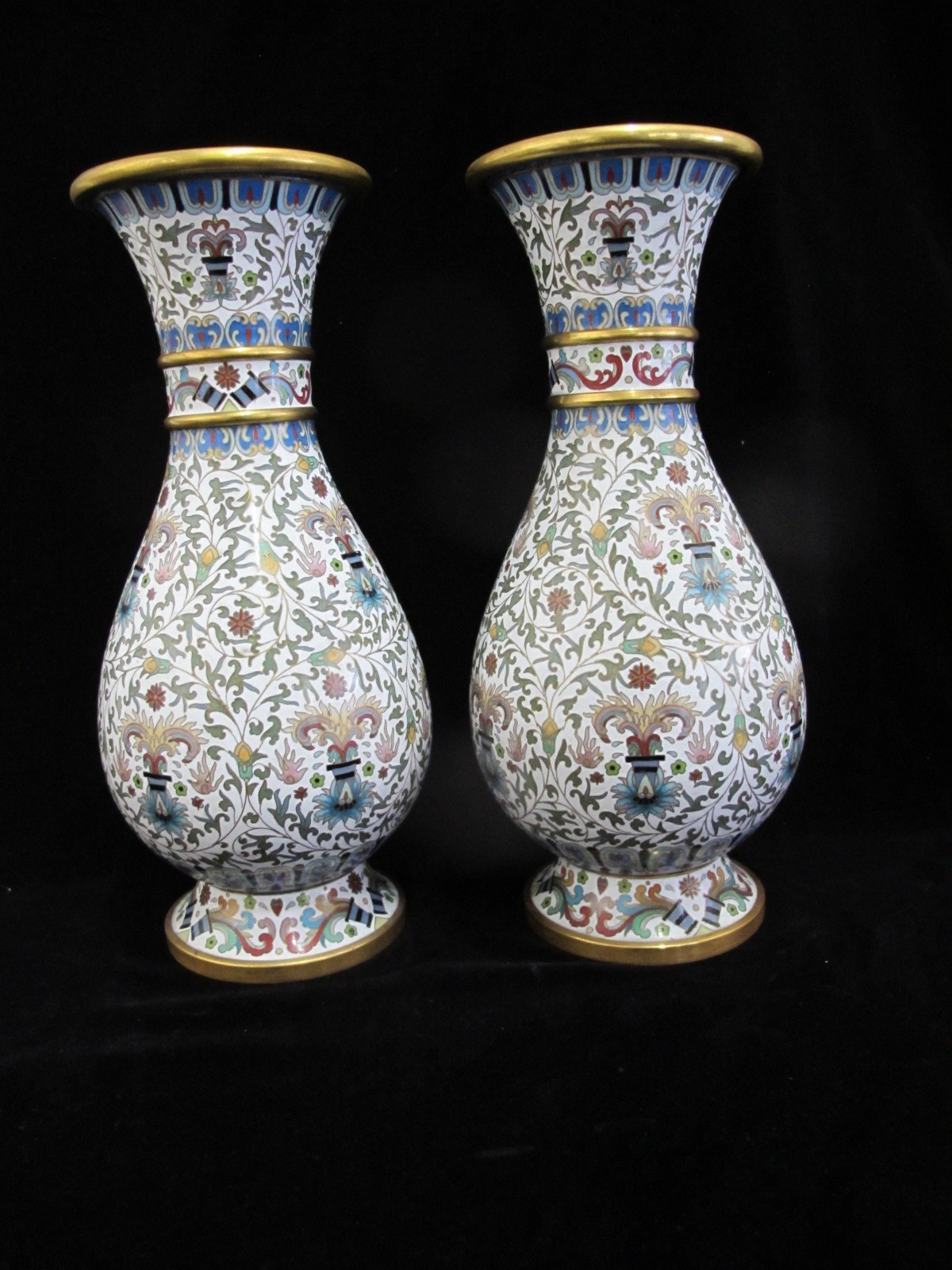 Large CHINESE White Enamel CLOISONNE Colorful FLOWER Vase Pair