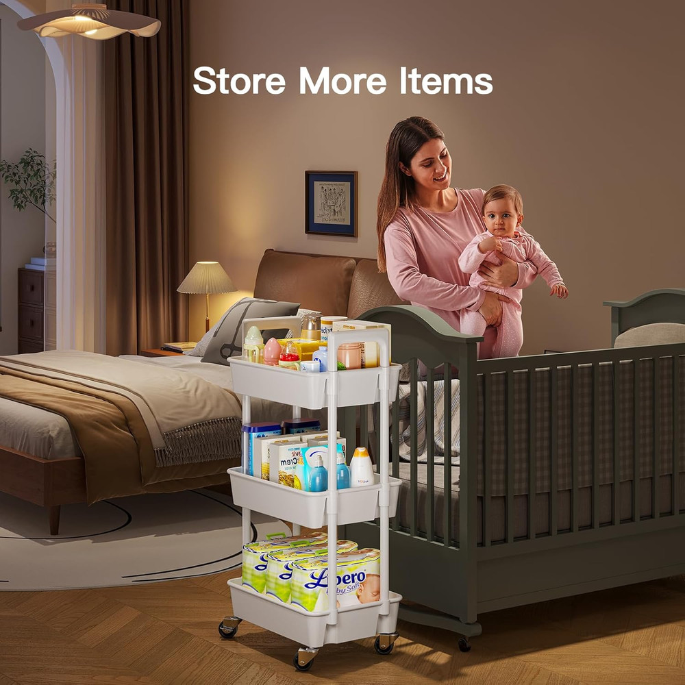 Pipishell 3 Tier Rolling Cart Organizer, Plastic Rolling Cart with Lockable Whee