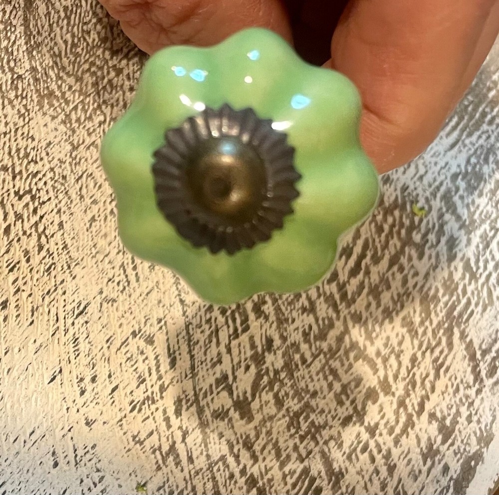 2 Brass 1.25" JADEITE GREEN Kitchen Cabinet Drawer Knobs Depression Caramic