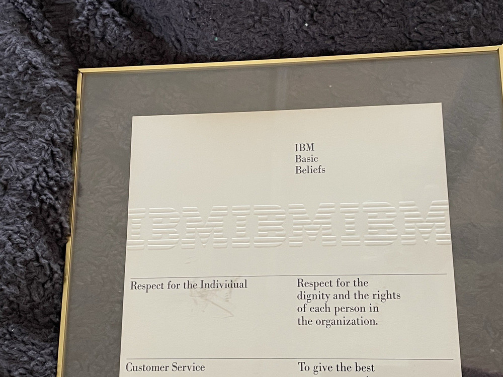 Vintage IBM Computer Framed Basic Beliefs Embossed Values Sign Document