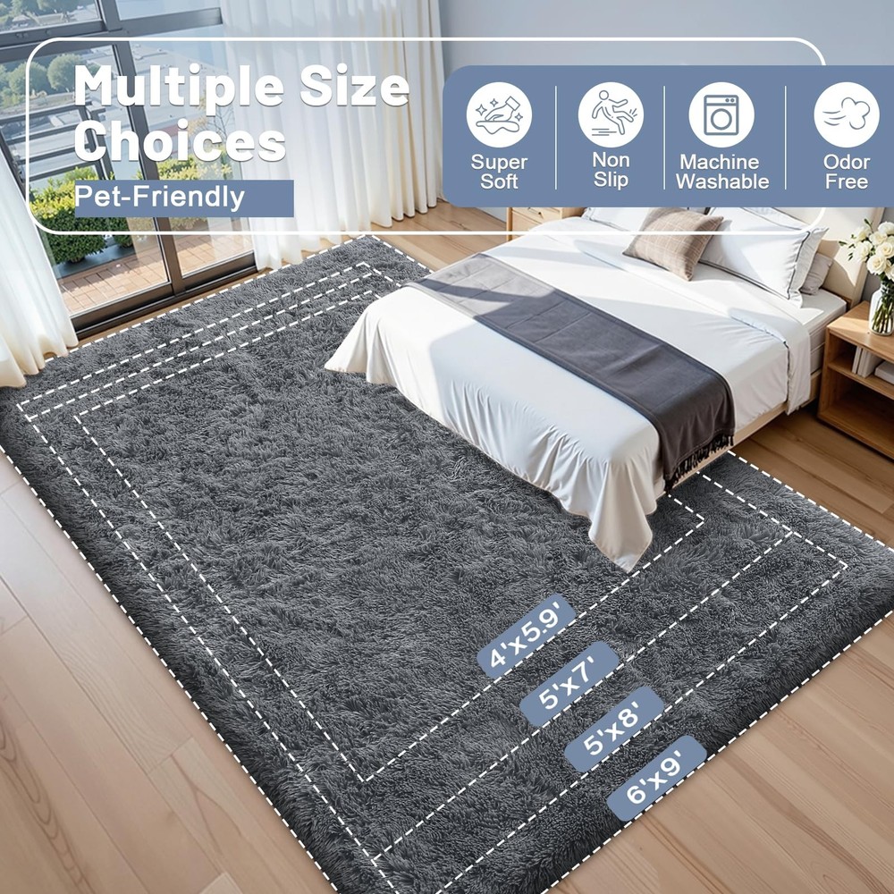 OLANLY 2x3 Machine Washable Small Bedside Rug, Soft Fluffy ft, Grey