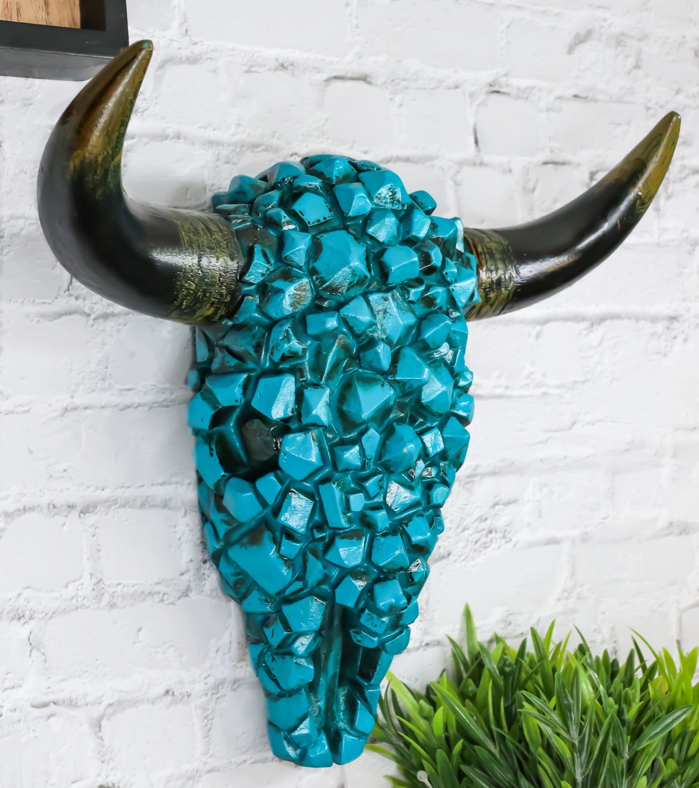 Southwest Steer Bison Bull Cow Skull With Mosaic Turquoise Rocks Wall Decor