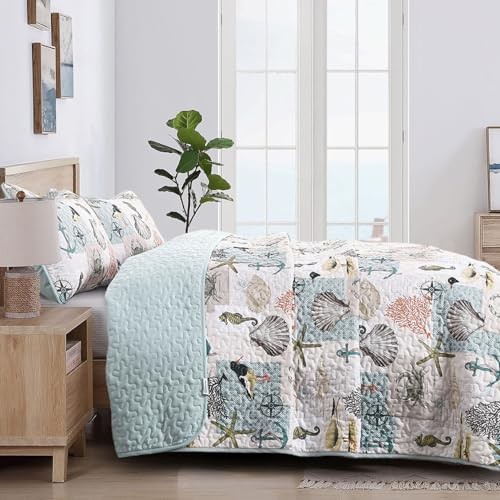 Ocean Quilt Set Bedspread Coverlet Size 3 Piece-Soft Queen Beige Patchwork