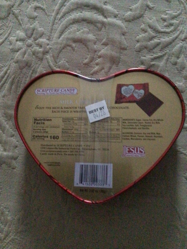 NEW Scripture Candy Tin~Red Heart-Shaped Container 'God So Loved' 6.3"x5.3"x2"