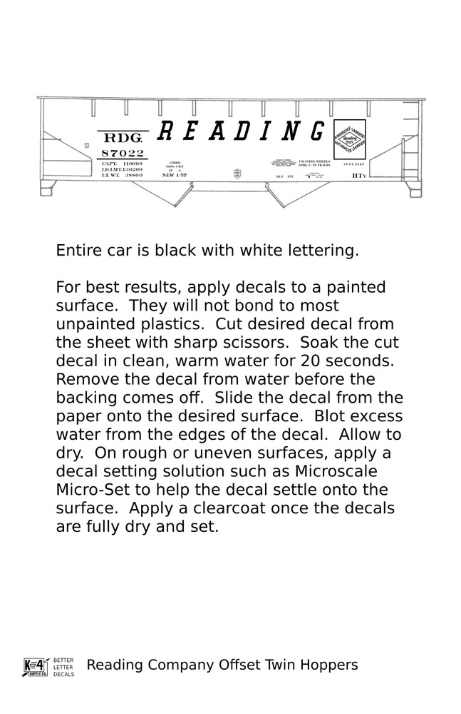 K4 O Scale Decals Reading Offset Twin Hopper White Speed Letter