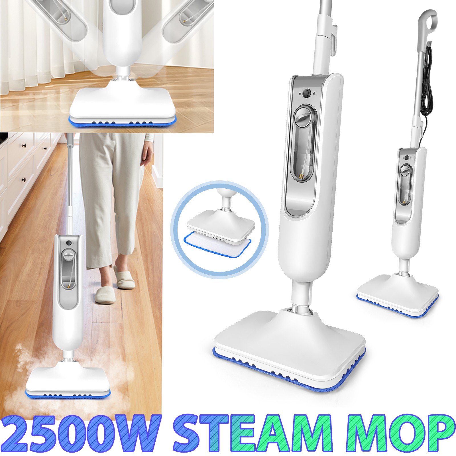 2500W Steam Mop Hard Wood Floor Cleaner with 2 Pads / Powerful Steam Cleaner