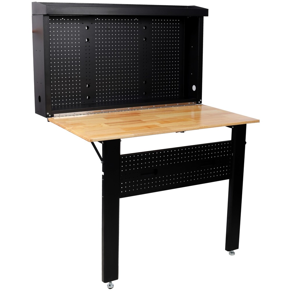 Wall Mounted Foldable Workbench with Rubberwood Work Surface Pegboard for Tools